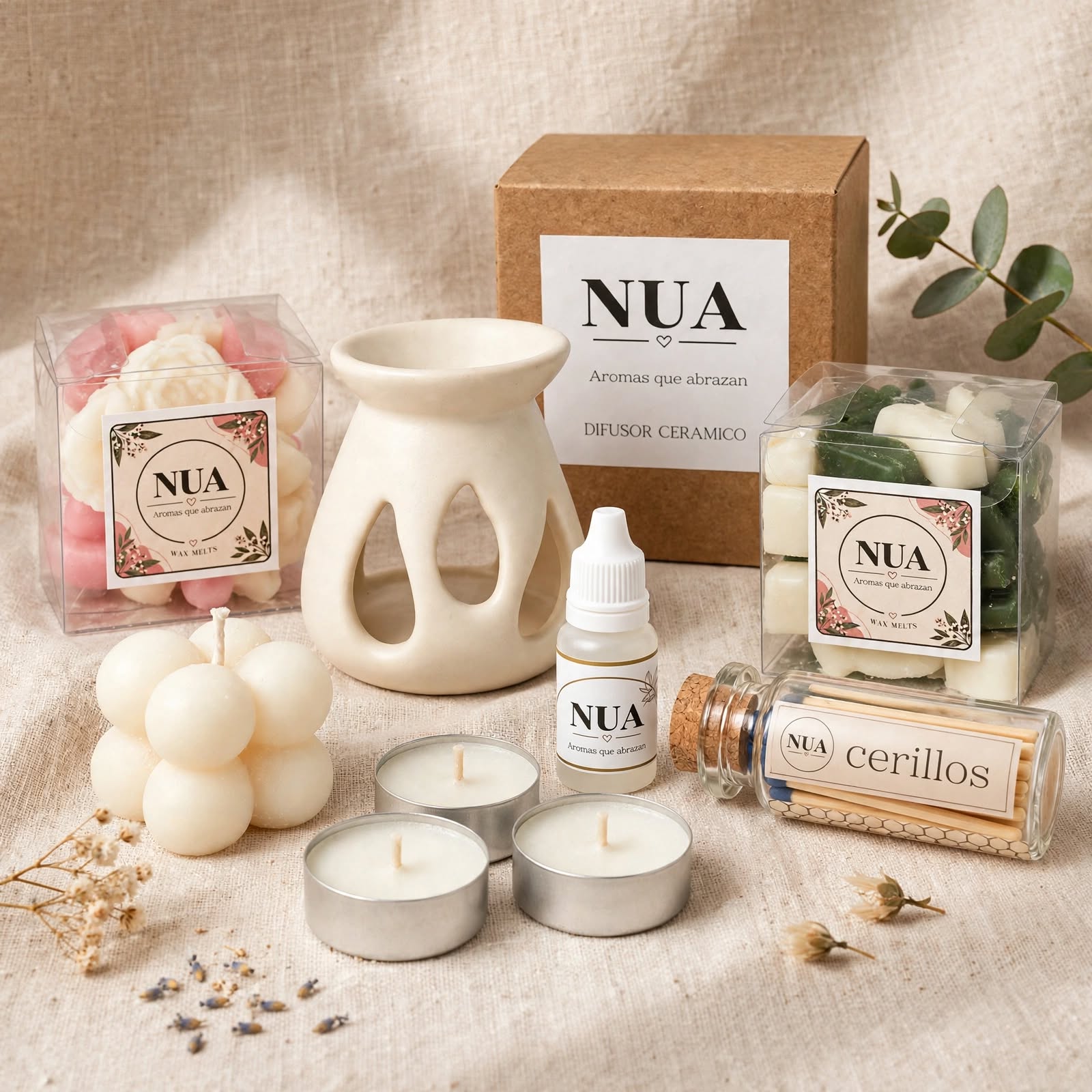 Kit de Aromaterapia NUA con difusor, wax melts, velas de té, blend y cerillos