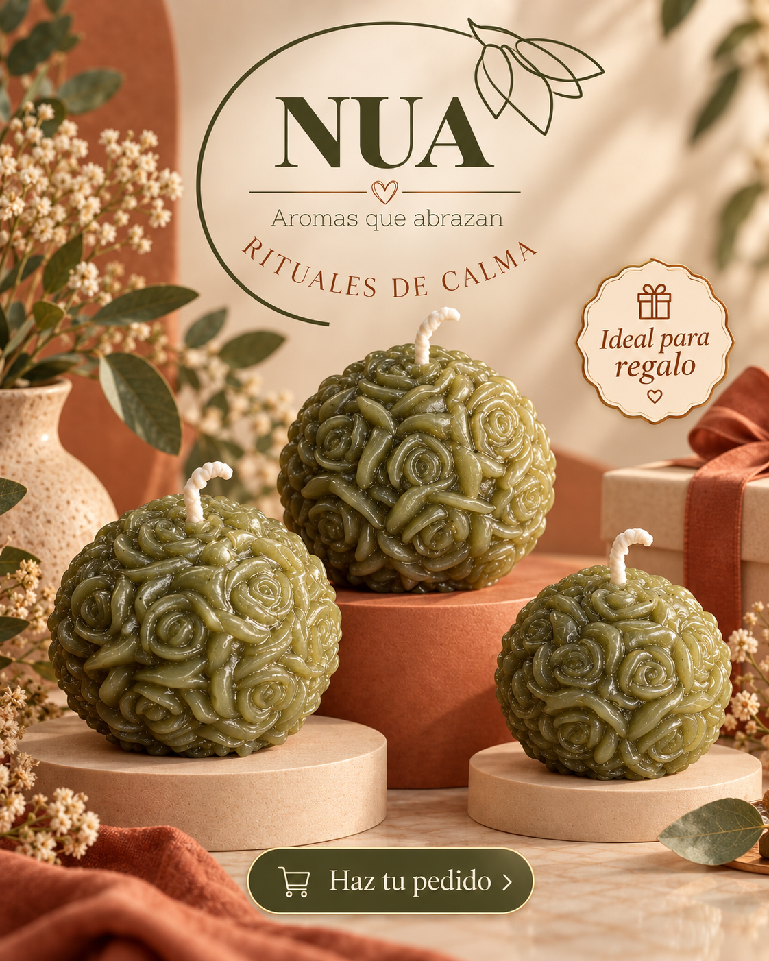 Trío de velas Roseta NUA color verde aroma Bosque Zen